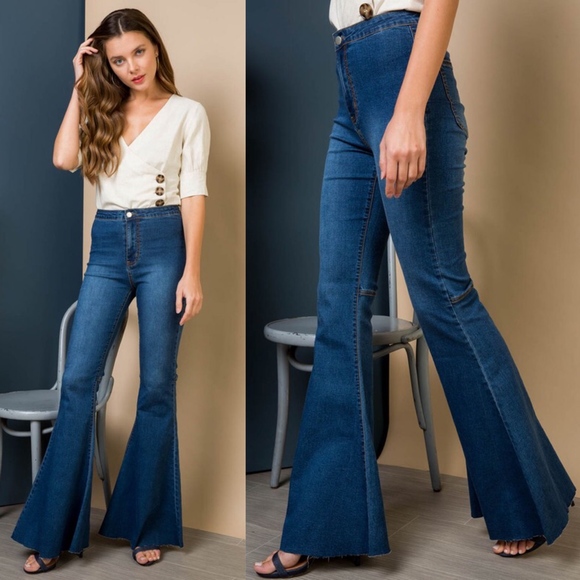 Boho Flared Wide Leg Denim Dark Wash Bell Bottom Jeans - Picture 4 of 5